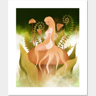 Beautiful fairy with mushrooms in magical plant kingdom Posters and Art